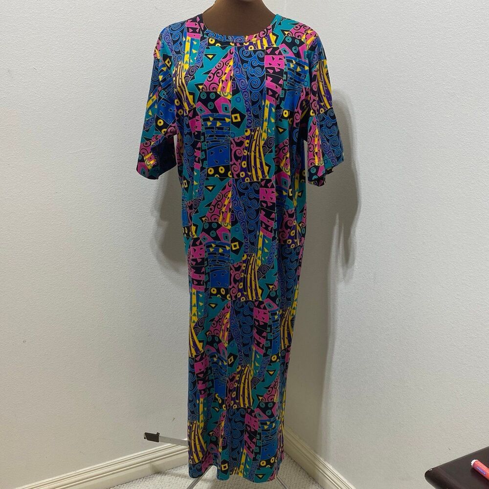 Mary McFadden Colorful Print Long Kaftan Mumu Maxi House Dress Size Large
